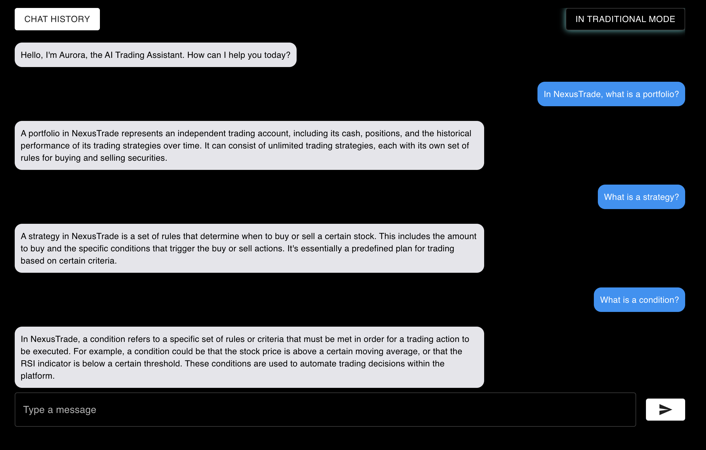 Asking Aurora questions about NexusTrade